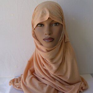 Muslim Hijab PEACH Shayla Fashion Rhinestones Jersey Scarves 28 x 70 inch Scarf